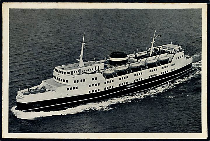 20 øre Fr. IX på brevkort (Storebæltsfærgen Halskov) fra Sønderborg d. 12.11.1958 til København. Returneret via Returpostkontoret med etiket P.4007 (6-51 A7).