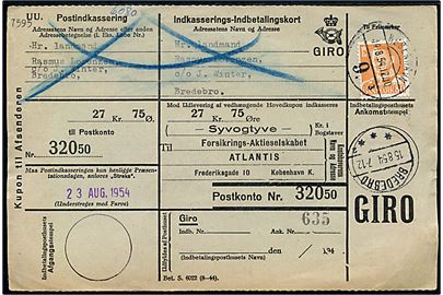 80 øre Fr. IX på retur Indkasserings-Indbetalingskort fra København 9 d. 14.8.1954 til Bredebro. Ank.stemplet med brotype IVc Bredebro sn2 d. 15.8.1954 - senere end registreret af Vagn Jensen.