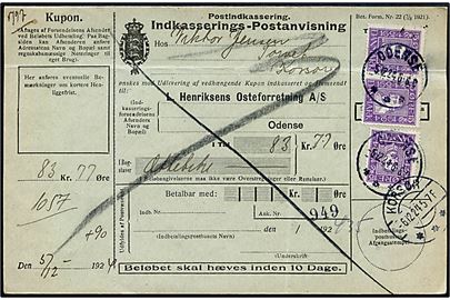 15 øre Chr. IV og 15 øre Chr. X sammentryk og 15 øre Chr. X Postjubilæum på 15 øre frankeret retur Indbetalings-Postanvisning fra Odense d. 5.12.1926 til Korsør.