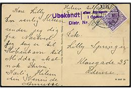 15 øre Chr. X på brevkort (Jernbanepladsen, Næstved) annulleret med bureaustempel Slagelse - Næstved T.192 d. 21.7.1922 til Odense. Stemplet Ubekendt efter adresse i Odense.