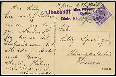 15 øre Chr. X på brevkort (Jernbanepladsen, Næstved) annulleret med bureaustempel Slagelse - Næstved T.192 d. 21.7.1922 til Odense. Stemplet Ubekendt efter adresse i Odense.