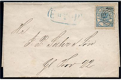 2 sk. Krone/Scepter single på lokalbrev i København annulleret med nr.stempel 1 og sidestemplet blåt fodpost stempel F:P: d. 19.5.1868.