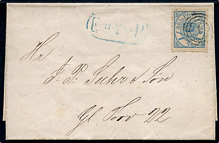 2 sk. Krone/Scepter single på lokalbrev i København annulleret med nr.stempel 1 og sidestemplet blåt fodpost stempel F:P: d. 19.5.1868.
