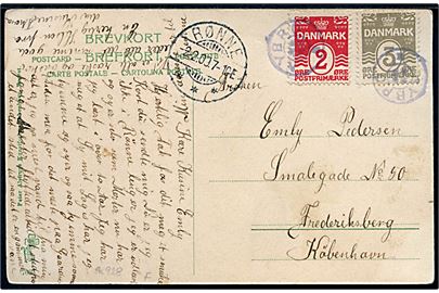 2 øre og 3 øre Bølgelinie på brevkort (Svaneke, J. N. Madvigs statue) annulleret med stjernestempel NYBRO og sidestemplet Rønne d. 2.2.1909 til København.