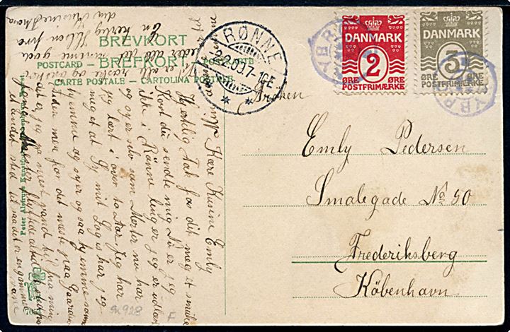 2 øre og 3 øre Bølgelinie på brevkort (Svaneke, J. N. Madvigs statue) annulleret med stjernestempel NYBRO og sidestemplet Rønne d. 2.2.1909 til København.
