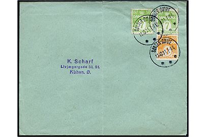 7 øre Bølgelinie, samt 7 øre + 1 øre Bølgelinie hæftesammentryk på brev annulleret med brotype IIIb Sønder-Omme d. 12.10.1931 til København.