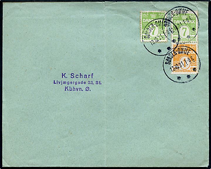 7 øre Bølgelinie, samt 7 øre + 1 øre Bølgelinie hæftesammentryk på brev annulleret med brotype IIIb Sønder-Omme d. 12.10.1931 til København.
