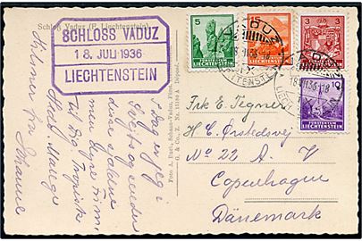3 rp., 5 rp., 10 rp. og 15 rp. daglig udg. på brevkort fra Vaduz d. 18.7.1936 til København, Danmark.