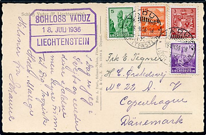 3 rp., 5 rp., 10 rp. og 15 rp. daglig udg. på brevkort fra Vaduz d. 18.7.1936 til København, Danmark.