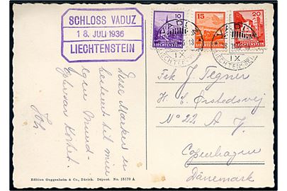 10 rp., 15 rp. 20 15 rp. daglig udg. på brevkort fra Vaduz d. 18.7.1936 til København, Danmark.