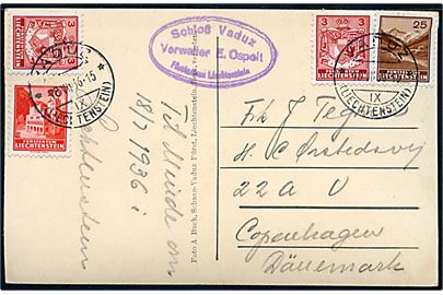 3 rp., (2), 20 rp. og 25 rp. daglig udg. på brevkort fra Vaduz d. 18.7.1936 til København, Danmark. 