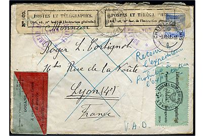 30 c. på brev fra Chatel St. Denis d. 3.11.1942 til Lyon, Frankrig. Flere toldmærkater og returneret efter fransk toldkontrol. Interessant.