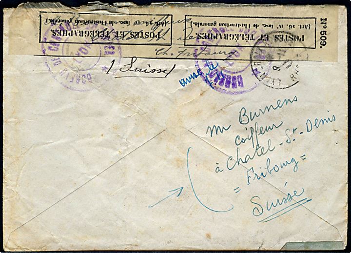 30 c. på brev fra Chatel St. Denis d. 3.11.1942 til Lyon, Frankrig. Flere toldmærkater og returneret efter fransk toldkontrol. Interessant.