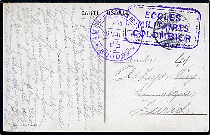 Ufrankeret feltpostkort fra Colombier d. 17.5.1911 til Zürich. Rammestempel Ecoles Militaires Colombier, samt afd.stempel fra Boudry d. 16.5.1911.