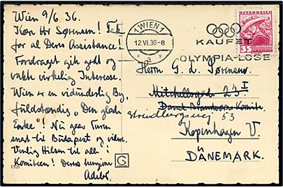 35 gr. på brevkort annulleret med TMS Kauset  Olympia-Lose/Wien d. 12-6-1936 til København, Danmark.