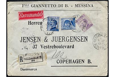 25 c. (2) og 50 c. Emanuel på anbefalet brev fra Messina d. 14.12.1915 til København, Danmark.