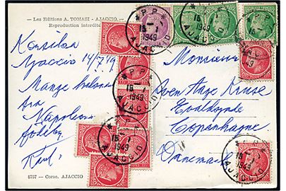 1 fr. (8), 1,50 fr. og 2 Fr. (3) Ceres på brevkort fra Korsika annulleret *PP* Ajaccio d. 15.1.1949 til København, Danmark.