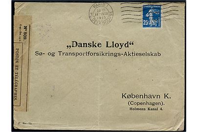 25 c. med perfin FT på brev fra Paris d. 11.8.1915 til Danske Lloyd i København, Danmark. Åbnet af fransk censur i Dieppe. 