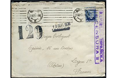 50 c. single på brev fra Barcelona d. 23.9.1936 til Lyon, Frankrig. Åbnet af lokal spansk censur.