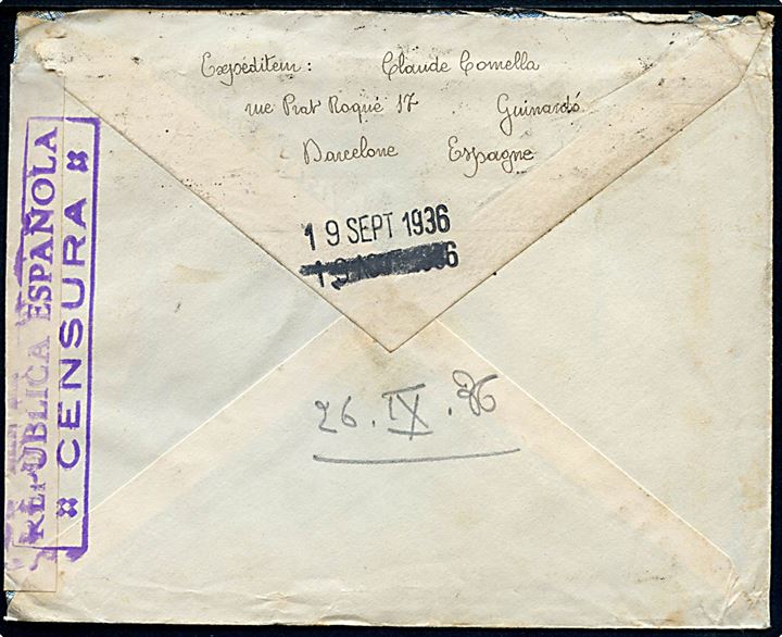 50 c. single på brev fra Barcelona d. 23.9.1936 til Lyon, Frankrig. Åbnet af lokal spansk censur.