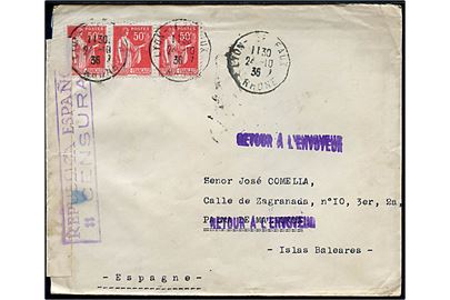 50 c. (3) på brev fra Lyon de Faux d. 24.10.1936 til Palma de Mallorca, Spanien. Åbnet af spansk censur og returneret til afsender.
