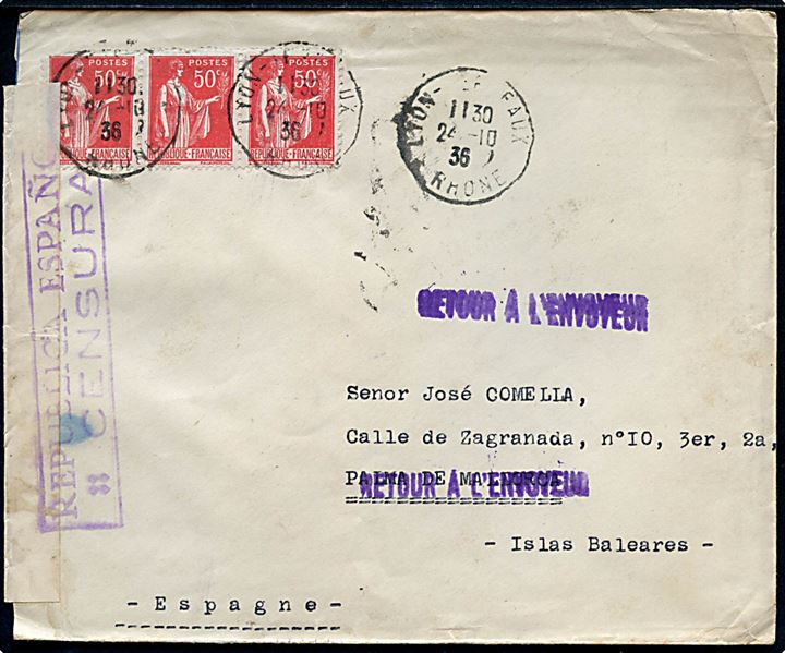 50 c. (3) på brev fra Lyon de Faux d. 24.10.1936 til Palma de Mallorca, Spanien. Åbnet af spansk censur og returneret til afsender.