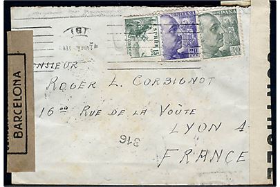 15 cts. Rytter (defekt), 20 cts. og 40 cts. Franco på brev fra Barcelona 1945 til Lyon, Frankrig. Åbnet af både spansk og fransk censur.