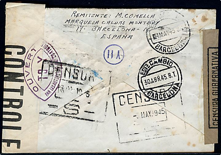 15 cts. Rytter (defekt), 20 cts. og 40 cts. Franco på brev fra Barcelona 1945 til Lyon, Frankrig. Åbnet af både spansk og fransk censur.