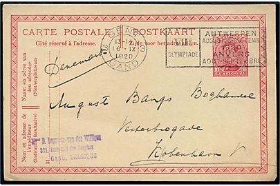 10 c. helsagsbrevkort annulleret med 2-sproget Olympiade TMS i Gent d. 16.9.1920 til København, Danmark.