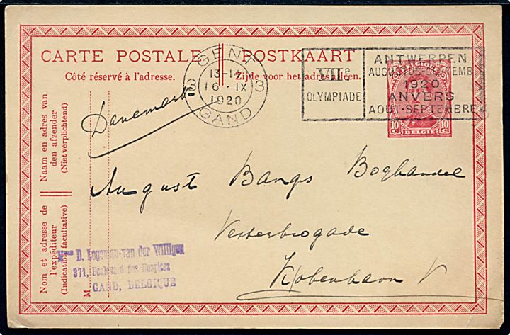 10 c. helsagsbrevkort annulleret med 2-sproget Olympiade TMS i Gent d. 16.9.1920 til København, Danmark.