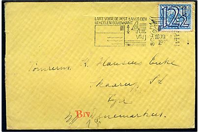 12½ c. single på brev fra Scheveningen d. 16.12.1942 til Skaarup, Danmark. Åbnet af tysk censur i Hamburg og lukket med fortrykt censurbanderole: Feldpostprüfstelle.