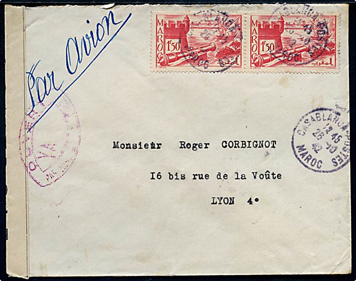 1,50 c. Landskab (par) på luftpostbrev fra Casablanca 26.10.1942 til Lyon, Frankrig. Åbnet af fransk censur.