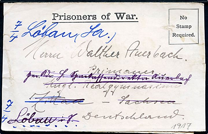 Ufrankeret fortrykt krigsfangefoldebrev dateret d. 19.2.1917 fra tysk krigsfange i Working Camp Stanhope, Handforth near Manchester, England til Zittau, Tyskland - eftersendt til Löbau. Åbnet af britisk krigsfangecensur P.W. 364.