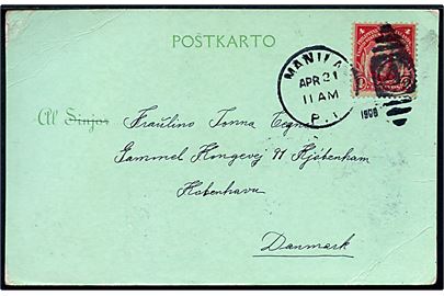 Philippinerne 4 c. single på brevkort stemplet Manila P.I. / 4 d. 21.4.1908 til København, Danmark. 