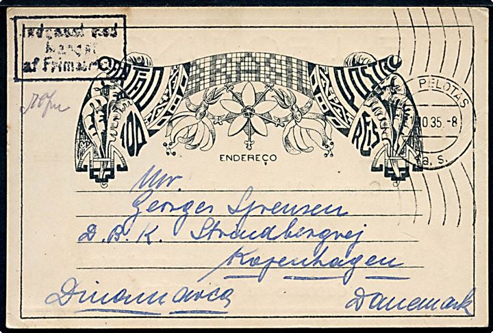 Ufrankeret brevkort fra Pelotas, Rio Grande du Sul, Brasilien d. 31.10.1935 til København, Danmark. Rammestempel Indgaaet med mangel af Frimærke.