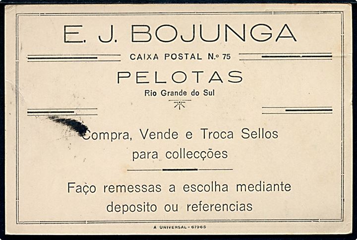 Ufrankeret brevkort fra Pelotas, Rio Grande du Sul, Brasilien d. 31.10.1935 til København, Danmark. Rammestempel Indgaaet med mangel af Frimærke.