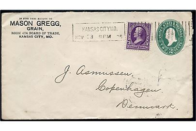 2 cents helsagskuvert opfrankeret med 3 cents annulleret med tidligt maskinstempel i Kansas City, Mo. d. 23.11.1896 til København, Danmark.