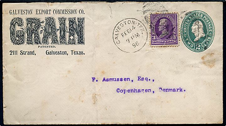 2 cents illustreret helsagskuvert fra GRAIN (Calveston Export Commission Co.) opfrankeret med 3 cents fra Calveston Tex. d. 14.2.1896 til København, Danmark.