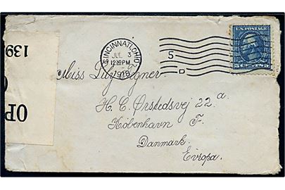 5 cents Washington på brev fra Cincinnati d. 3.7.1918 til København, Danmark. Åbnet af britisk censur no. 1393.