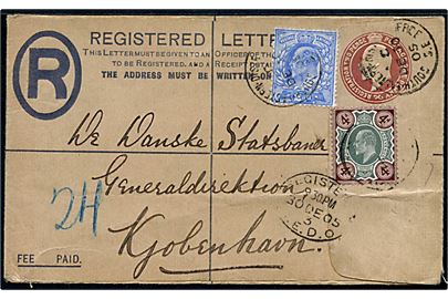 2d+1d Edward VII anbefalet helsagskuvert opfrankeret med 2½d og 4d Edward VII fra London d. 30.12.1905 til København, Danmark.