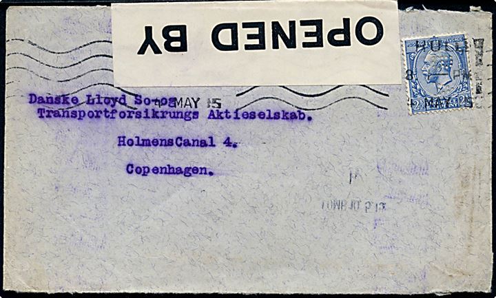 2½d George V med perfin BA på brev fra Hull d. 4.5.1915 til København, Danmark. Åbnet af britisk censur no. 438.