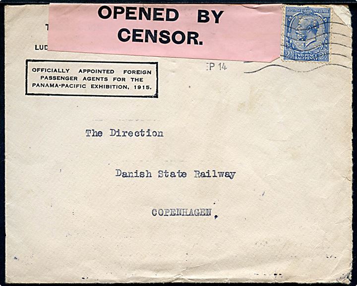 2½d George V med perfin T.C.& S. på fortrykt kuvert fra Thos. Cook & Son i London d. 7.9.1914 til København, Danmark. Åbnet af britisk censur.