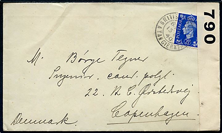 Britisk post i Tangier. 2½d George VI single på brev annulleret British Post Office Tangier d. 13.3.1940 til København, Danmark. Åbnet af tydlig britisk censur PC66/790.