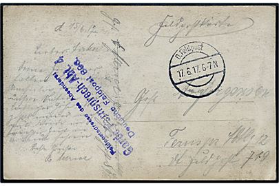 Ufrankeret feltpostkort stemplet D. Feldpost d. 17.6.1917 fra soldat ved Garde-Fernsprech-Abt. Deutsche Feldpost 896 til sønderjysk soldat (?), Anker Jørgensen, ved Fernsprech-Abt. 12, Deutsche feldpost 719.