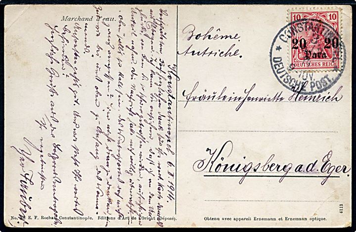 20 Para/10 pfg. Provisorium på brevkort fra Constantinopel 3. Deutsche Post. d. 6.2.1914 til Königsber a.d. Eger, Böhmen, Østrig.