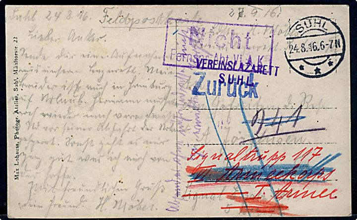 Ufrankeret feltpostkort fra Vereinslazarett i Suhl d. 24.8.1916 til sønderjysk soldat telegrafist d. Reserve Anker Jørgensen ved Fernsprech-Abt. - eftersendt flere gange.