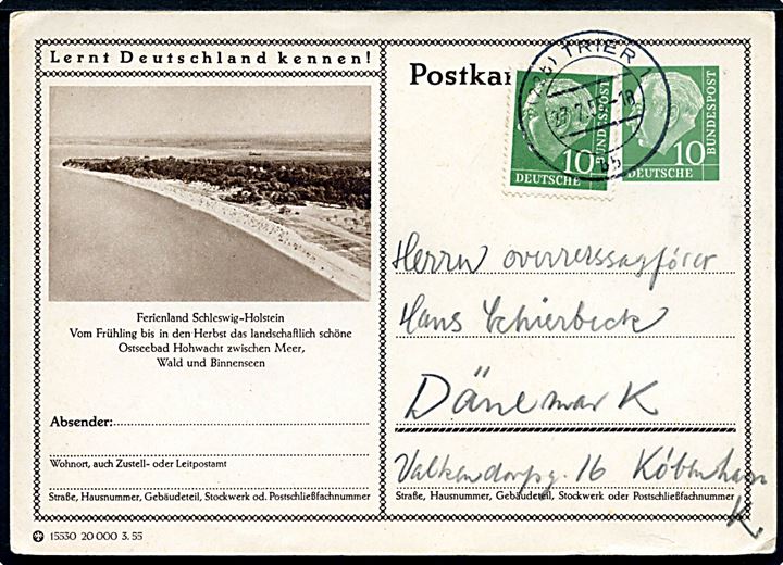 10 pfg. Lernt Deutschland kennen! illustreret helsagsbrevkort Ferienland Schleswig-Holstein fra Trier d. 27.7.1955 til København, Danmark.