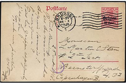 Tysk post i Belgien. 10 c./10 pfg. Belgien helsagsbrevkort fra Brüssel d. 26.10.1918 til København, Danmark. 