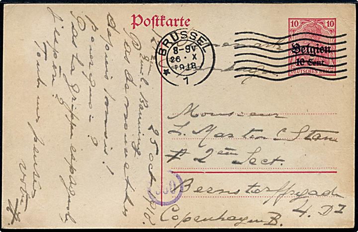 Tysk post i Belgien. 10 c./10 pfg. Belgien helsagsbrevkort fra Brüssel d. 26.10.1918 til København, Danmark. 