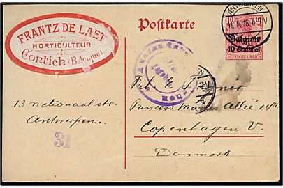 Tysk post i Belgien. 10 c./10 pfg. Belgien helsagsbrevkort fra Antwerpen d. 11.5.1916 til København, Danmark. 